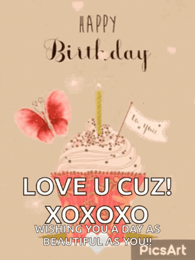 A Happy Birthday Card With A Cupcake With A Candle And Butterflies GIF