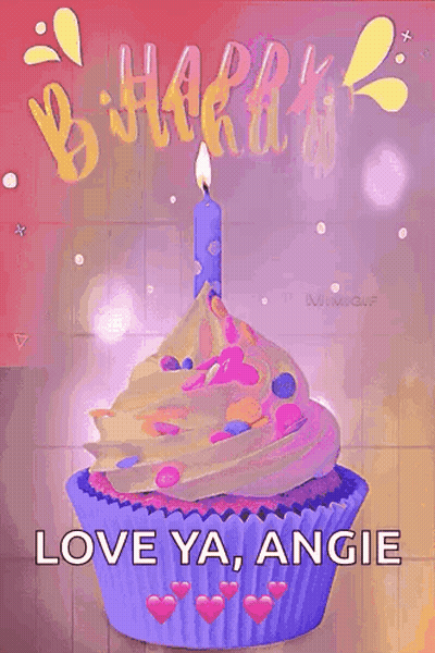A Happy Birthday Card With A Cupcake With A Candle On Top GIF