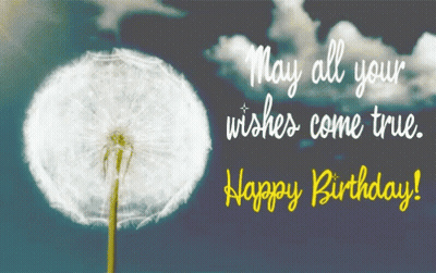 A Happy Birthday Card With A Dandelion And The Words May All Your Wishes Come True GIF