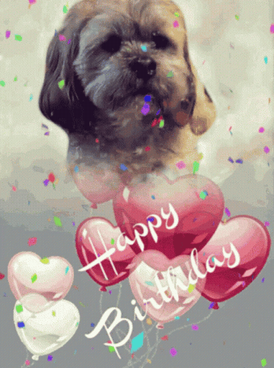 A Happy Birthday Card With A Dog And Hearts GIF