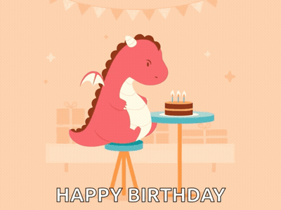 A Happy Birthday Card With A Dragon Sitting At A Table With A Cake On It GIF