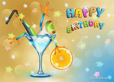 A Happy Birthday Card With A Frog In A Martini GIF