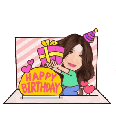 A Happy Birthday Card With A Girl Holding A Gift Sticker
