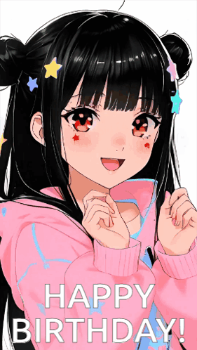A Happy Birthday Card With A Girl With Black Hair GIF