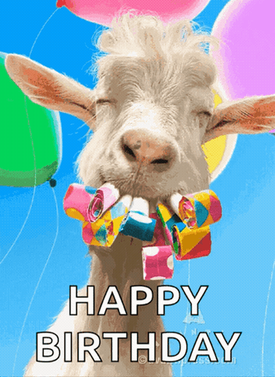 A Happy Birthday Card With A Goat Holding Balloons And Party Horns GIF