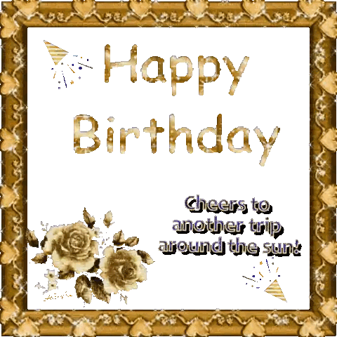 A Happy Birthday Card With A Gold Frame And Flowers Sticker
