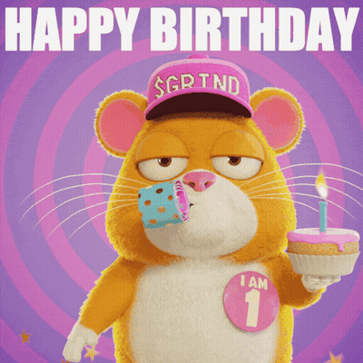 A Happy Birthday Card With A Hamster Wearing A Hat And Holding A Cake GIF