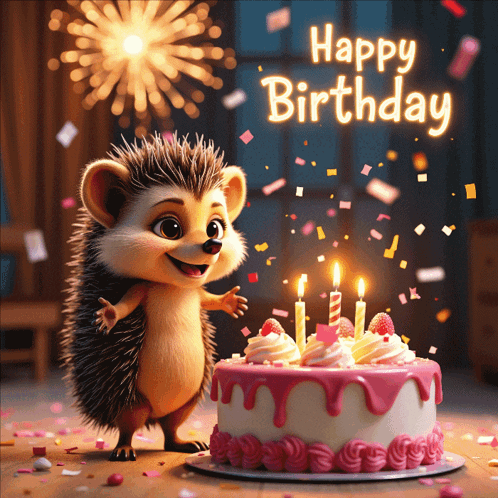 Hedgehog Next To Cake With Candles On Birthday Card GIF