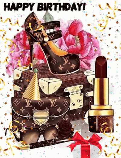 A Happy Birthday Card With A Louis Vuitton Suitcase And A Pair Of Shoes GIF