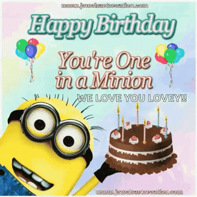 A Happy Birthday Card With A Minion Holding A Cake And Balloons . GIF