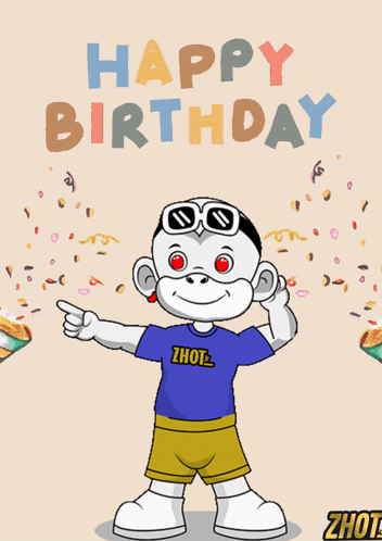 A Happy Birthday Card With A Monkey Wearing A Shirt That Says Zhot GIF