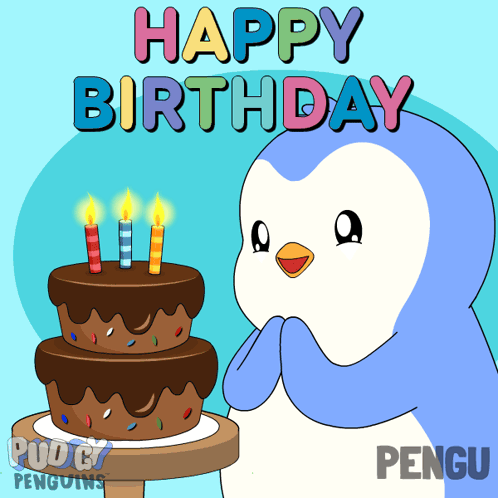 A Happy Birthday Card With A Penguin Holding A Cake With Candles GIF