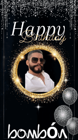 A Happy Birthday Card With A Picture Of A Man In A Gold Circle GIF