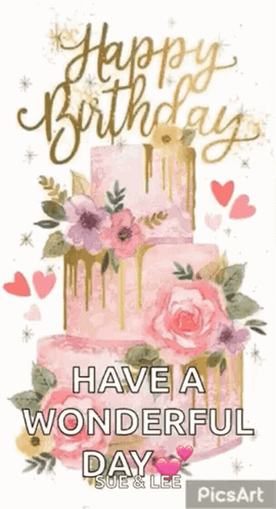A Happy Birthday Card With A Pink And Gold Cake With Flowers On It . GIF
