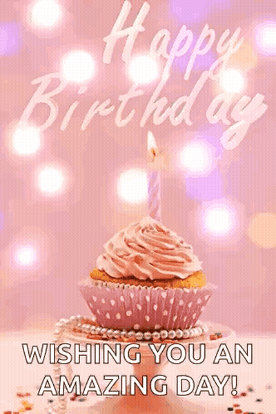 A Happy Birthday Card With A Pink Cupcake And A Candle On Top . GIF