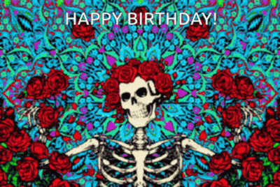 A Happy Birthday Card With A Skeleton And Roses On It GIF