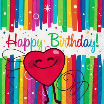 A Happy Birthday Card With A Smiling Heart And Rainbow Stripes GIF