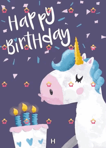 A Happy Birthday Card With A Unicorn And A Cake With Candles GIF