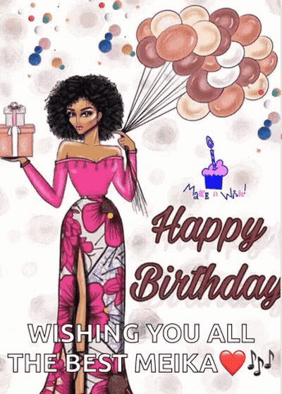 A Happy Birthday Card With A Woman Holding Balloons And A Gift GIF