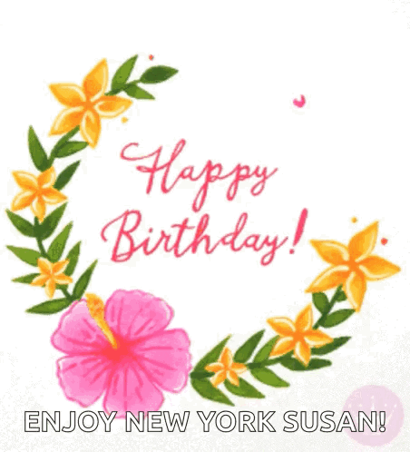 A Happy Birthday Card With A Wreath Of Pink And Yellow Flowers GIF