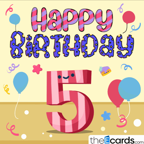 A Happy Birthday Card With Balloons And A Pink Number 5 GIF