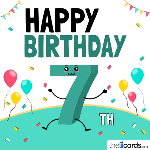 A Happy Birthday Card With Balloons And Confetti And The Number Seven GIF