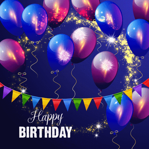 A Happy Birthday Card With Balloons And Flags On A Dark Blue Background GIF