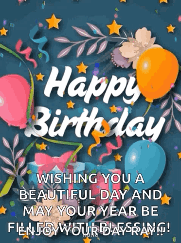 A Happy Birthday Card With Balloons And Flowers On A Blue Background GIF