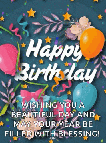 A Happy Birthday Card With Balloons And Flowers On It GIF