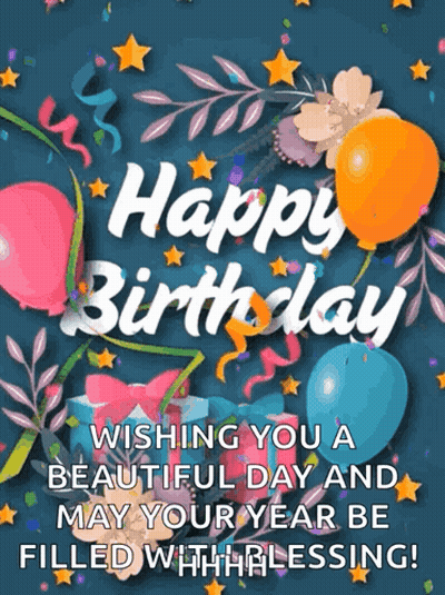 A Happy Birthday Card With Balloons And Flowers GIF