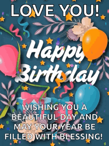 A Happy Birthday Card With Balloons And Flowers GIF