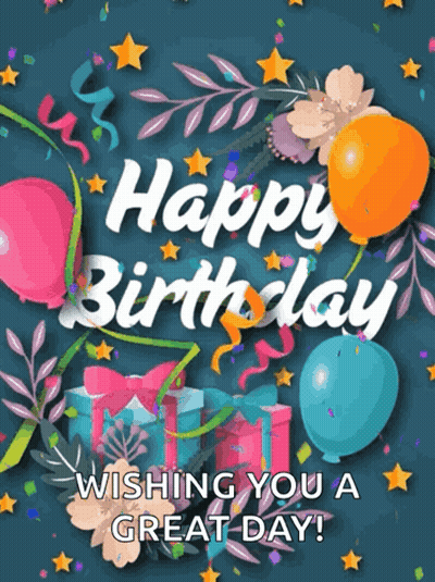 A Happy Birthday Card With Balloons And Gifts GIF
