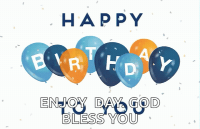 A Happy Birthday Card With Blue And Orange Balloons And Confetti GIF