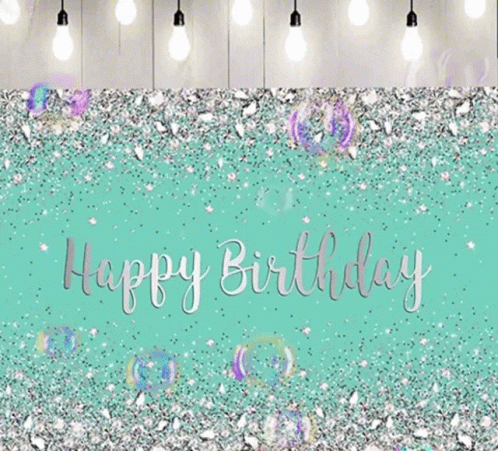 A Happy Birthday Card With Bubbles And Glitter On A Green Background GIF