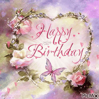 A Happy Birthday Card With Flowers And Butterflies On It GIF
