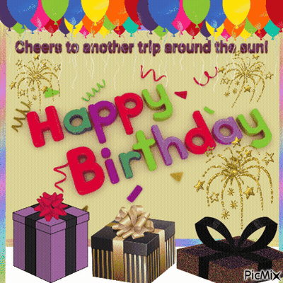 A Happy Birthday Card With Gifts And Balloons Says Cheers To Another Trip Around The Sun GIF