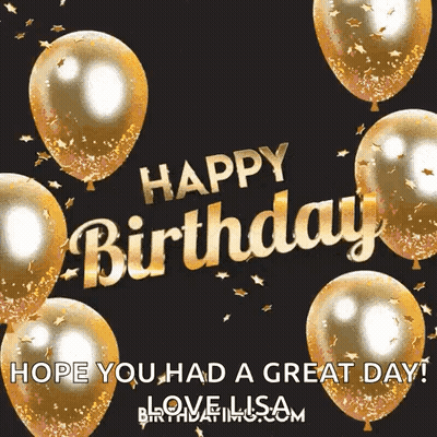 A Happy Birthday Card With Gold Balloons And Confetti On A Black Background . GIF