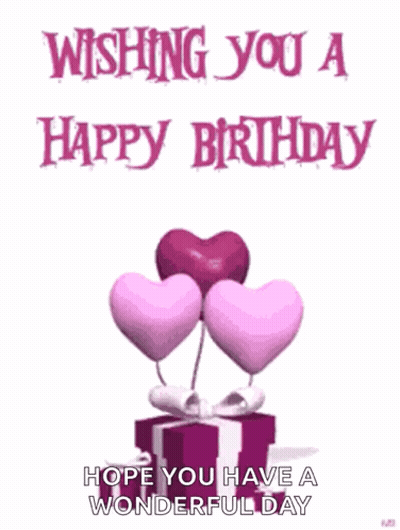 A Happy Birthday Card With Hearts And A Gift Box . GIF