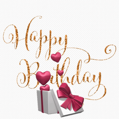 A Happy Birthday Card With Hearts And A Gift GIF