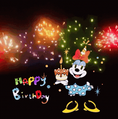 A Happy Birthday Card With Minnie Mouse Holding A Birthday Cake GIF