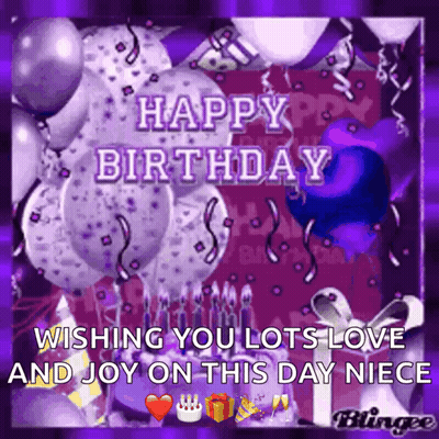 A Happy Birthday Card With Purple Balloons And A Cake With The Words Wishing You Lots Love And Joy On This Day Niece GIF