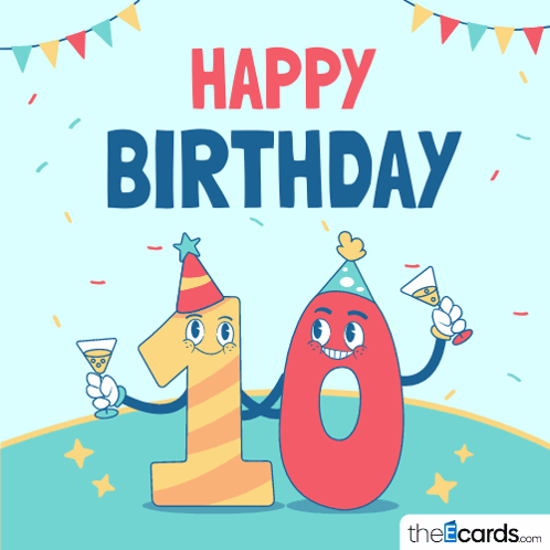 A Happy Birthday Card With The Number 10 Holding Glasses GIF