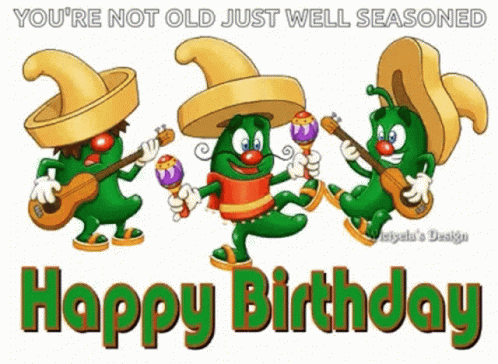 A Happy Birthday Card With Three Cartoon Characters Playing Instruments . GIF
