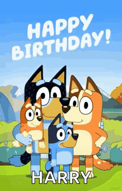 a happy birthday card with three cartoon dogs and the words `` happy birthday harry '' on it .