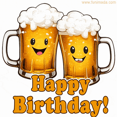 A Happy Birthday Card With Two Mugs Of Beer With Faces GIF