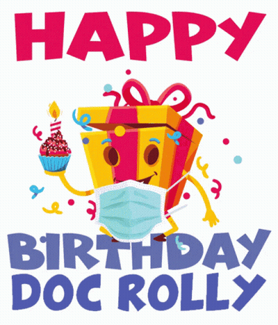 A Happy Birthday Doc Rolly Card With A Gift Box Wearing A Face Mask GIF