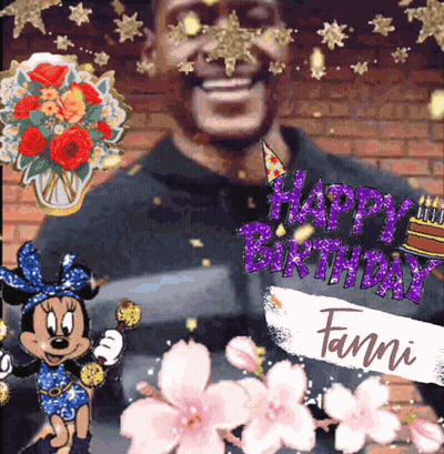 A Happy Birthday Fanni Card With A Man And Minnie Mouse On It GIF