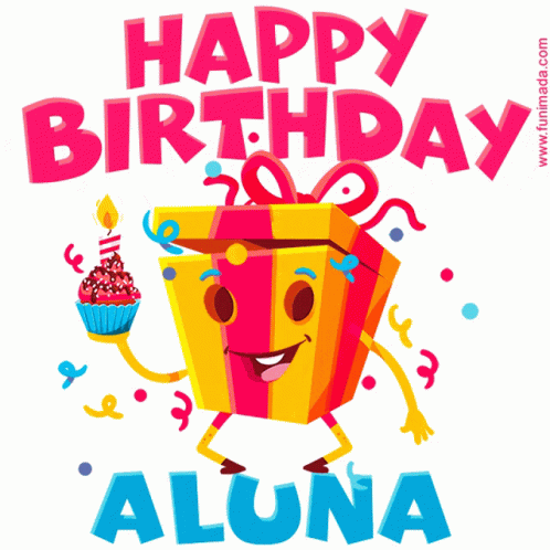 A Happy Birthday Greeting Card For Aluna With A Gift Box Holding A Cupcake GIF