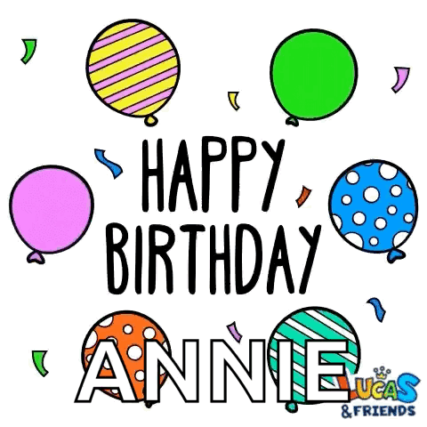 A Happy Birthday Greeting Card For Annie With Balloons GIF
