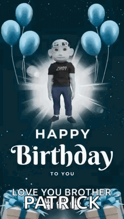 A Happy Birthday Greeting Card For Patrick With Balloons And Gifts GIF
